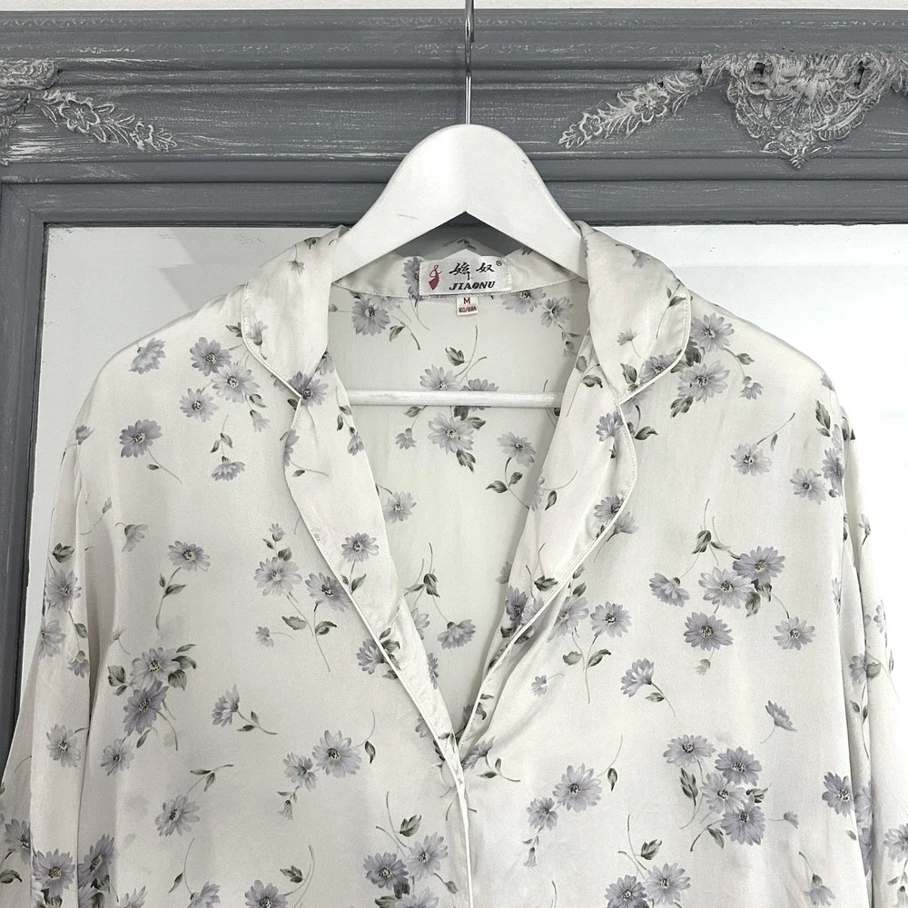Vintage 100% Silk Luxe Floral Pajama Shirt Button Up Long Sleeve Breathable M
